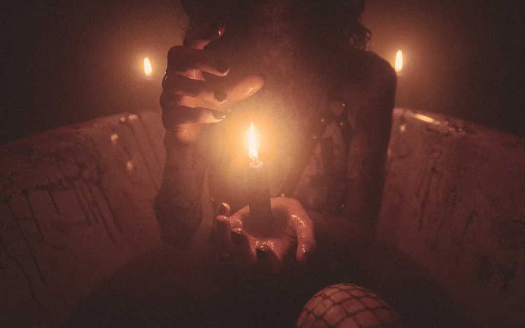 A person holding a lit candle in their hand