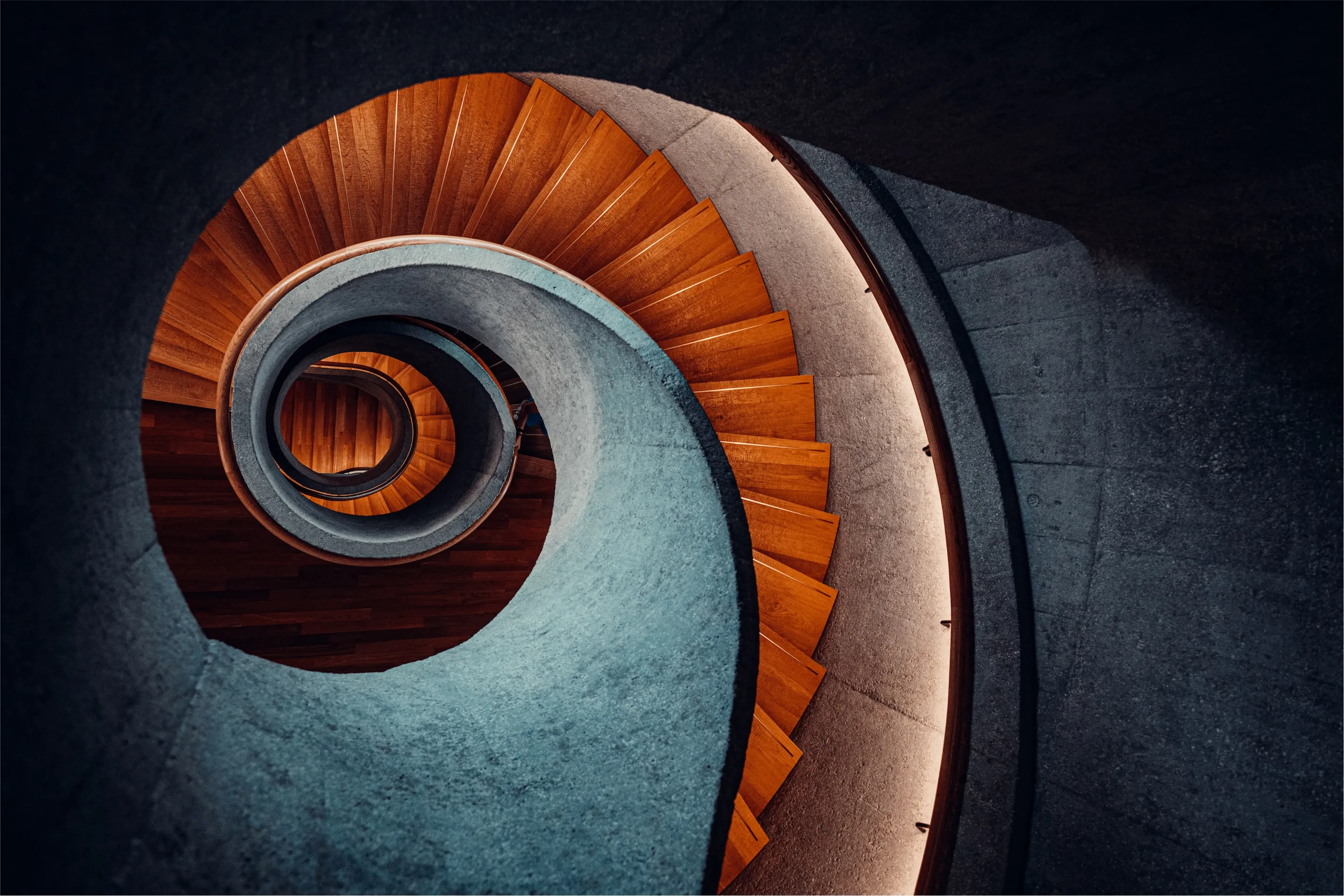 Top view, looking down at a spiral staircase