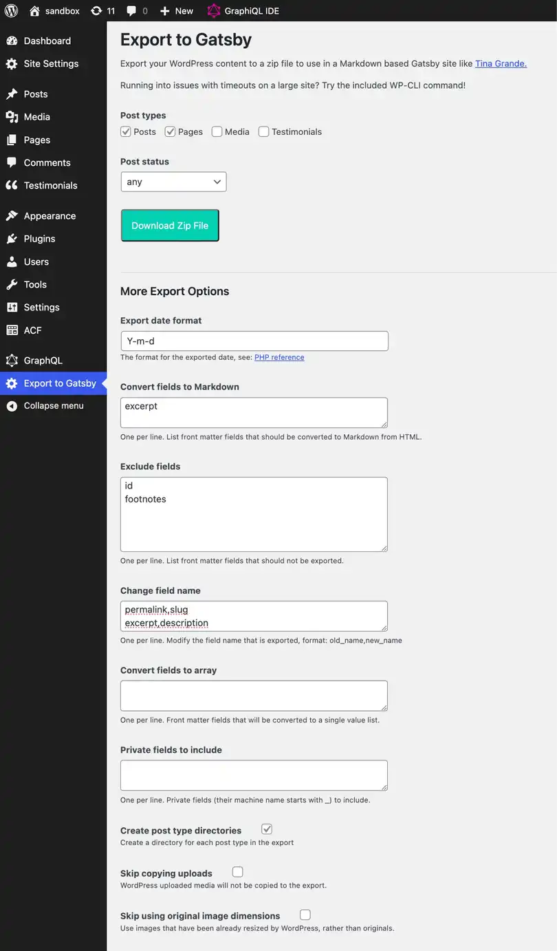 Screenshot of export settings