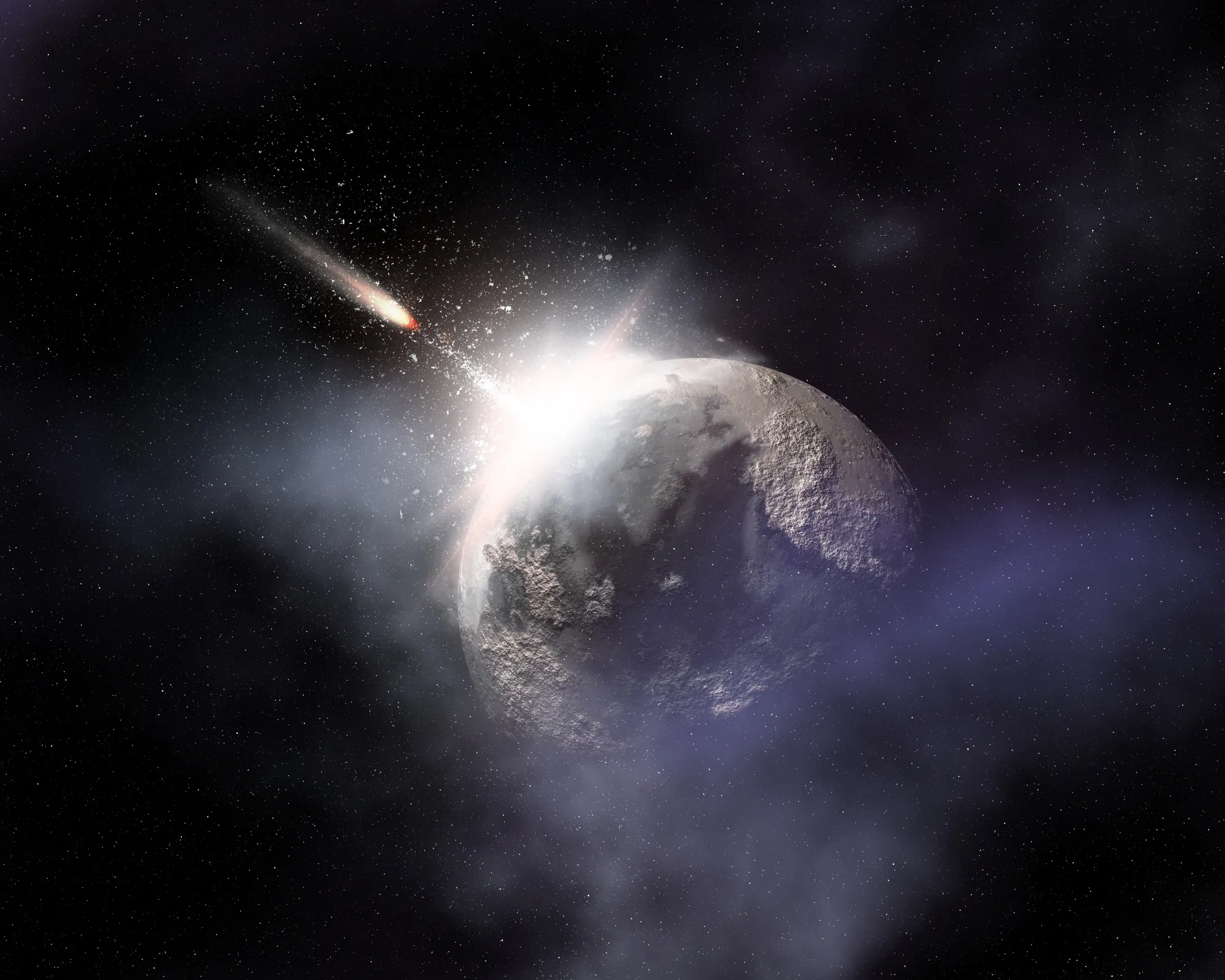 Asteroid in space about to collide with planet