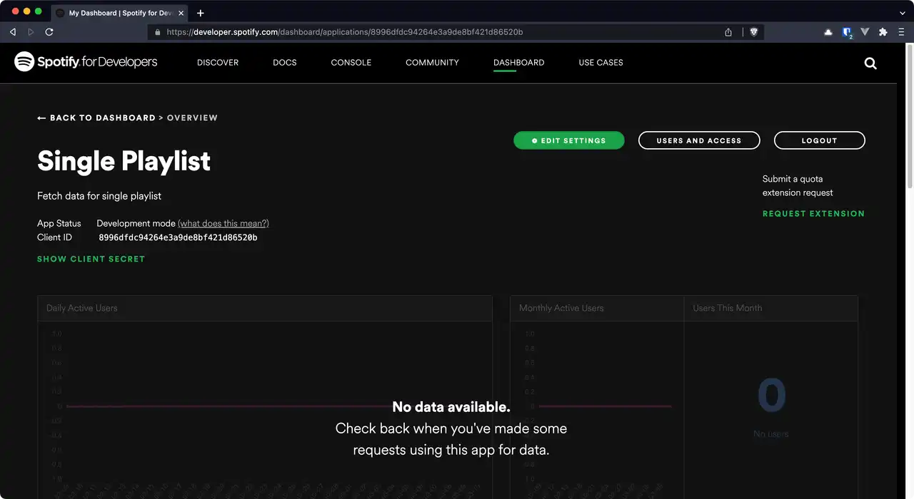 Browser window displaying Spotify Developers App Overview