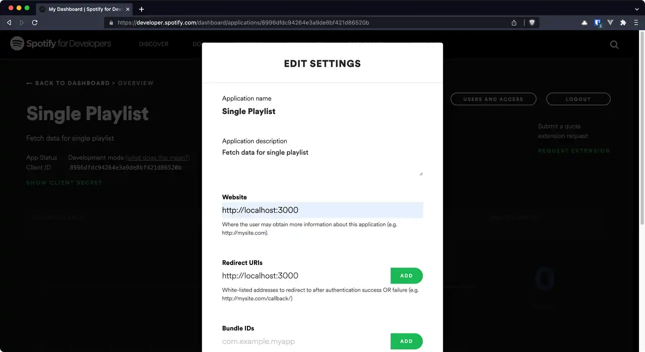 Browser window displaying Spotify Developers App Settings