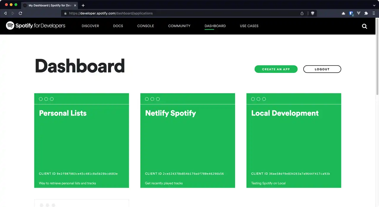 Browser window displaying Spotify Developers Dashboard