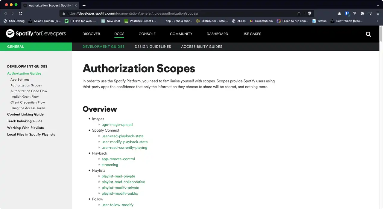 A browser window showing the Scopes landing page within the Spotify Developers documentation